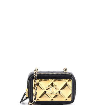 Chanel Golden Plate Zip Around Vanity Case with Chain Quilted Metal and Lambskin Extra Mini
