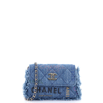 Chanel Denim Mood Flap Clutch with Chain Logo Printed Quilted Fringe Denim