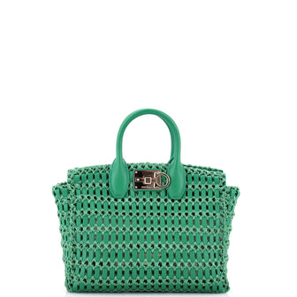 Salvatore Ferragamo Studio Box Satchel Woven Leather with Raffia Medium