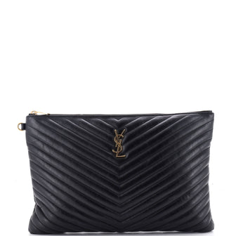 Saint Laurent Classic Monogram Wristlet Pouch Matelasse Chevron Leather Large