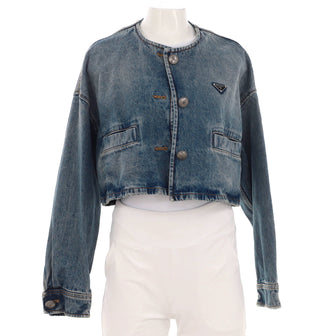 Prada Women's Triangle Logo Collarless Cropped Button Up Jacket Denim