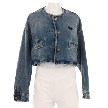 Prada Women's Triangle Logo Collarless Cropped Button Up Jacket Denim