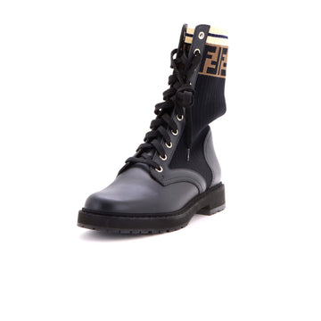 Fendi Women's Rockoko Combat Boots Leather with Knit Stretch Fabric and Zucca Trim