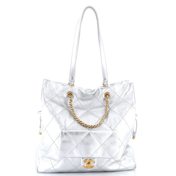 Chanel Front Pocket Drawstring Shopping Bag Quilted Shiny Lambskin Medium