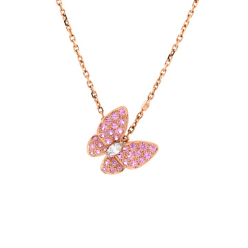 Van Cleef & Arpels Two Butterfly Pendant Necklace 18K Rose Gold with Pink Sapphires and Diamonds