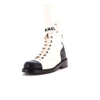 Chanel Logo Buckle Combat Boots Leather