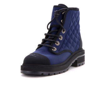 Chanel Women's Chain CC Cap Toe Lace Up Combat Boots Quilted Fabric and Grosgrain