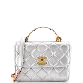 Chanel Logo Links Top Handle Flap Bag Quilted Calfskin Mini