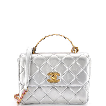 Chanel Logo Links Top Handle Flap Bag Quilted Calfskin Mini