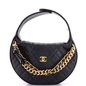 Chanel Double Chain Bow Hobo Pouch Quilted Caviar Mini