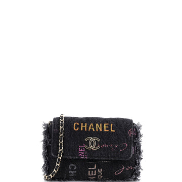 Chanel Denim Mood Flap Clutch with Chain Logo Printed Quilted Fringe Denim