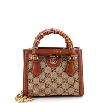 Gucci Diana NM Bamboo Handle Tote Crystal Embellished GG Canvas Mini