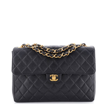 Chanel Vintage Square Classic Single Flap Bag Quilted Caviar Jumbo