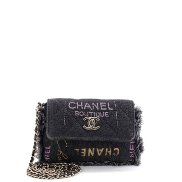 Chanel Denim Mood Flap Clutch with Chain Logo Printed Quilted Fringe Denim
