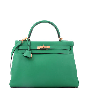 Hermes Kelly Handbag Green Evercolor with Gold Hardware 32