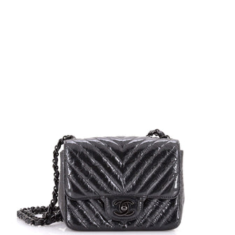Chanel So Black Square Classic Single Flap Bag Chevron Crumpled Metallic Patent Mini