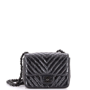 Chanel So Black Square Classic Single Flap Bag Chevron Crumpled Metallic Patent Mini