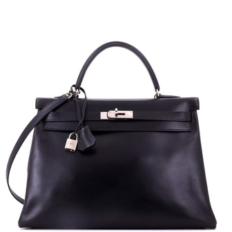 Hermes Kelly Handbag Black Box Calf with Palladium Hardware 35