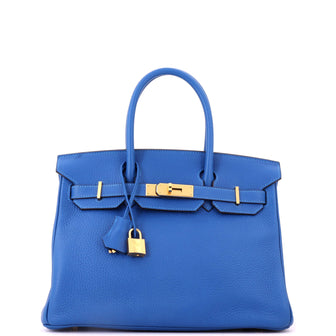 Hermes Birkin Handbag Blue Clemence with Gold Hardware 30
