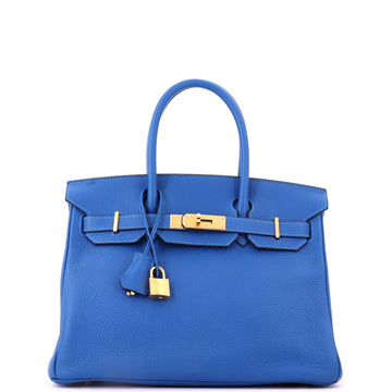 Hermes Birkin Handbag Blue Clemence with Gold Hardware 30