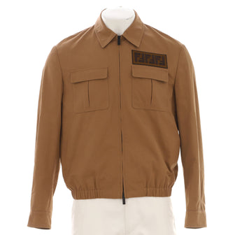 Fendi Men's Zucca Pointed Collar Zip Up Utility Jacket Polyester Blend