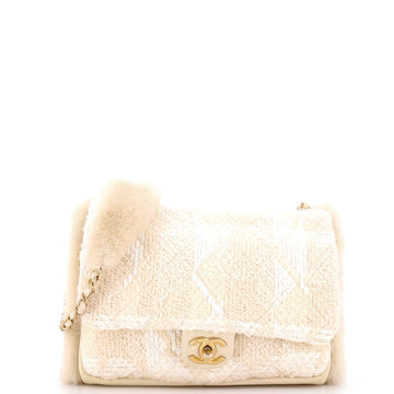 Chanel CC Muff Flap Bag Quilted Tweed and Lambskin with Shearling Jumbo