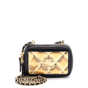Chanel Golden Plate Zip Around Vanity Case with Chain Quilted Metal and Lambskin Extra Mini