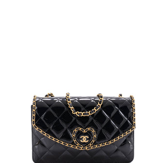 Chanel Heart Chain Flap Bag Quilted Patent Small