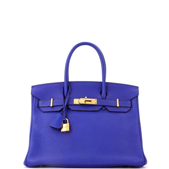 Hermes Birkin Handbag Blue Clemence with Gold Hardware 30