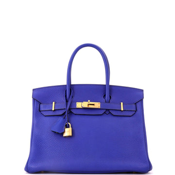 Hermes Birkin Handbag Blue Clemence with Gold Hardware 30