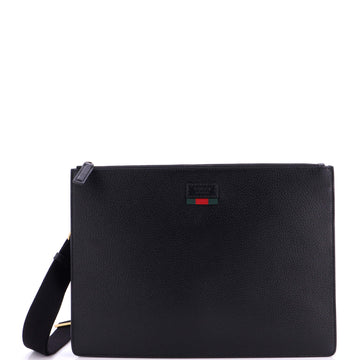 Gucci Web Strap Front Zip Messenger Bag Leather Large