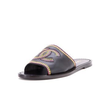 Chanel Women's CC Flat Slide Sandals Embroidered Leather