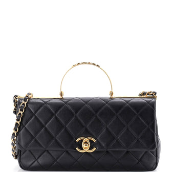 Chanel Logo Quilted Metal Top Handle Flap Bag Quilted Lambskin with Metal and Crystals East West