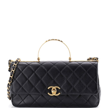 Chanel Logo Quilted Metal Top Handle Flap Bag Quilted Lambskin with Metal and Crystals East West