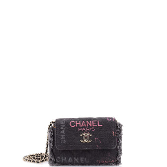 Chanel Denim Mood Flap Clutch with Chain Logo Printed Quilted Fringe Denim
