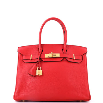 Hermes Birkin Handbag Red Clemence with Gold Hardware 30