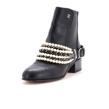 Chanel Women's Pearl Chain Strap Ankle Boots Leather