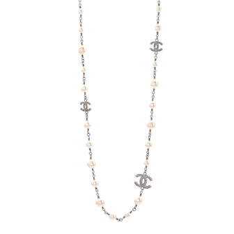 Chanel CC Station Long Necklace Metal with Faux Pearls and Crystals