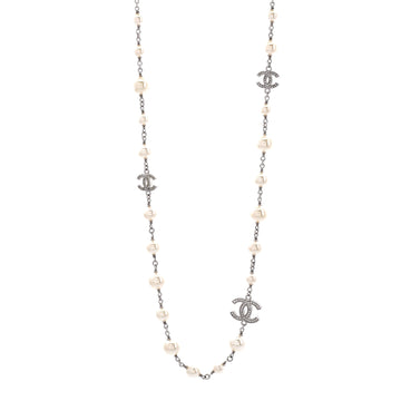 Chanel CC Station Long Necklace Metal with Faux Pearls and Crystals