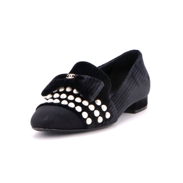 Chanel Women's CC Bow Pearl Loafers Velvet with Grosgrain and Faux Pearls