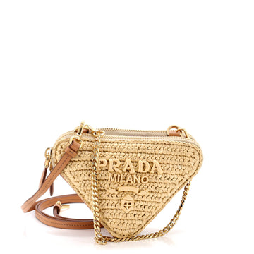 Prada Triangle Logo Zip Around Shoulder Bag Raffia and Leather Mini