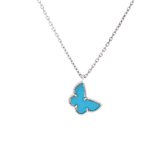 Van Cleef & Arpels Sweet Alhambra Butterfly Pendant Necklace 18K White Gold with Turquoise