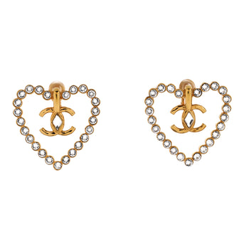 Chanel CC Heart Cut Out Stud Earrings Metal with Crystals Large