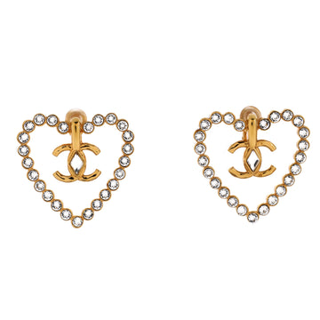 Chanel CC Heart Cut Out Stud Earrings Metal with Crystals Large