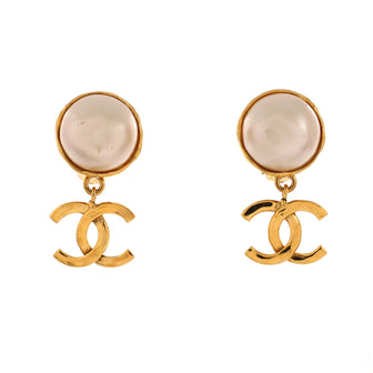 Chanel Vintage CC Drop Clip-On Earrings Metal with Faux Pearl
