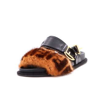 Fendi Women's FF Flat Sandals Leather with Mink Fur 433848