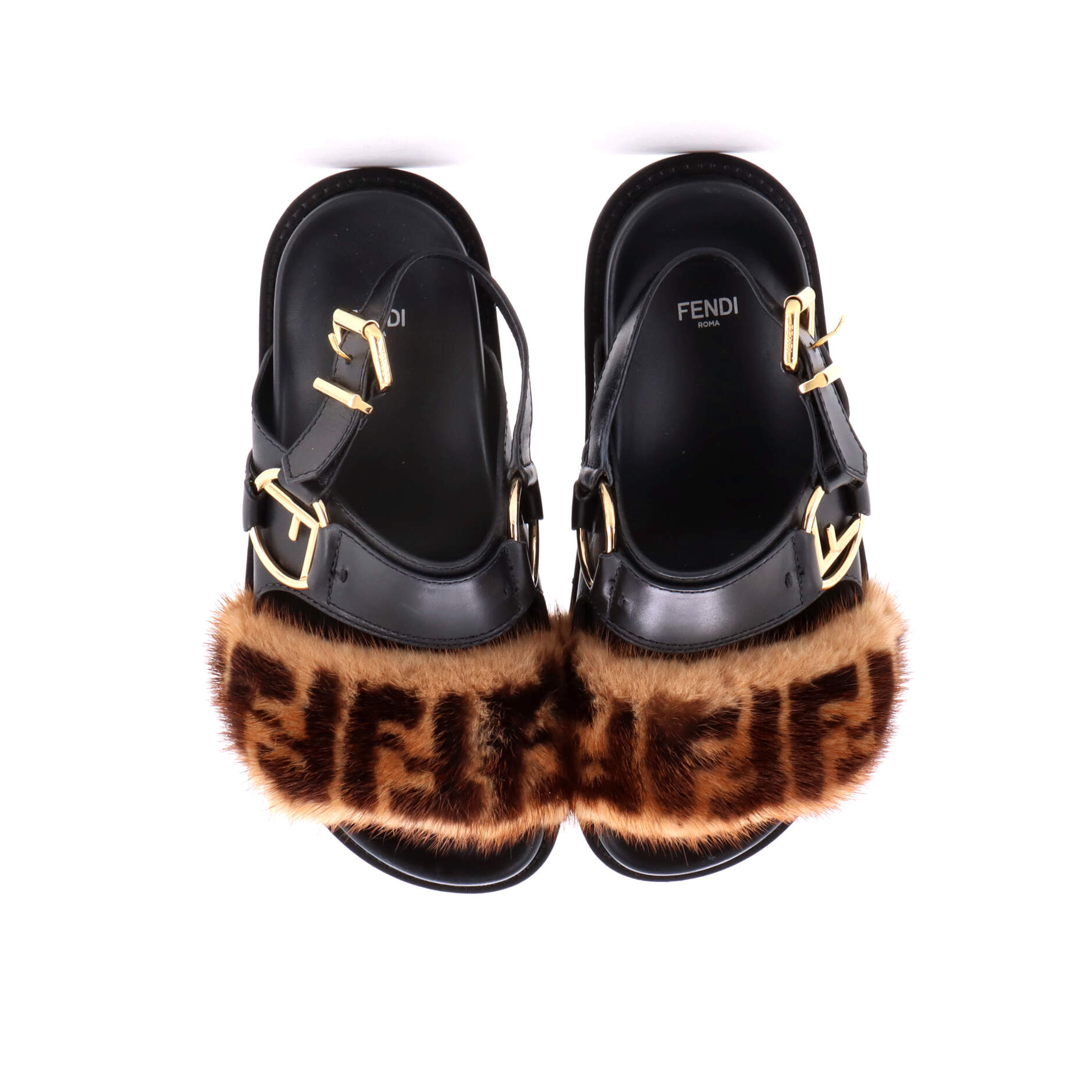 Fendi Women's FF Flat Sandals Leather with Mink Fur Black 4323805