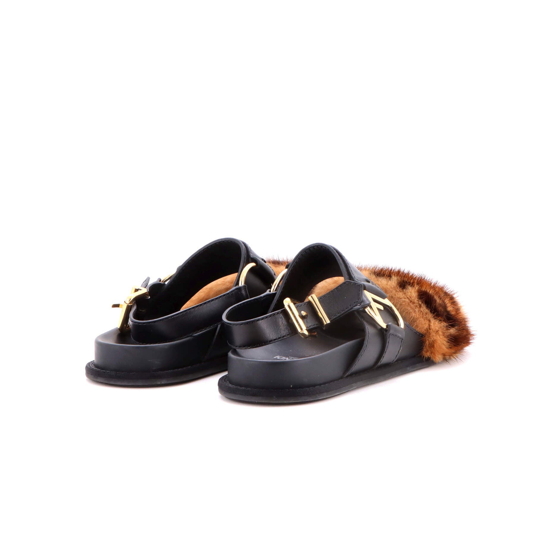 Fendi Women's FF Flat Sandals Leather with Mink Fur Black 4323805
