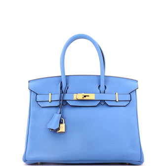 Hermes Birkin Handbag Blue Clemence with Gold Hardware 30