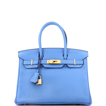 Hermes Birkin Handbag Blue Clemence with Gold Hardware 30